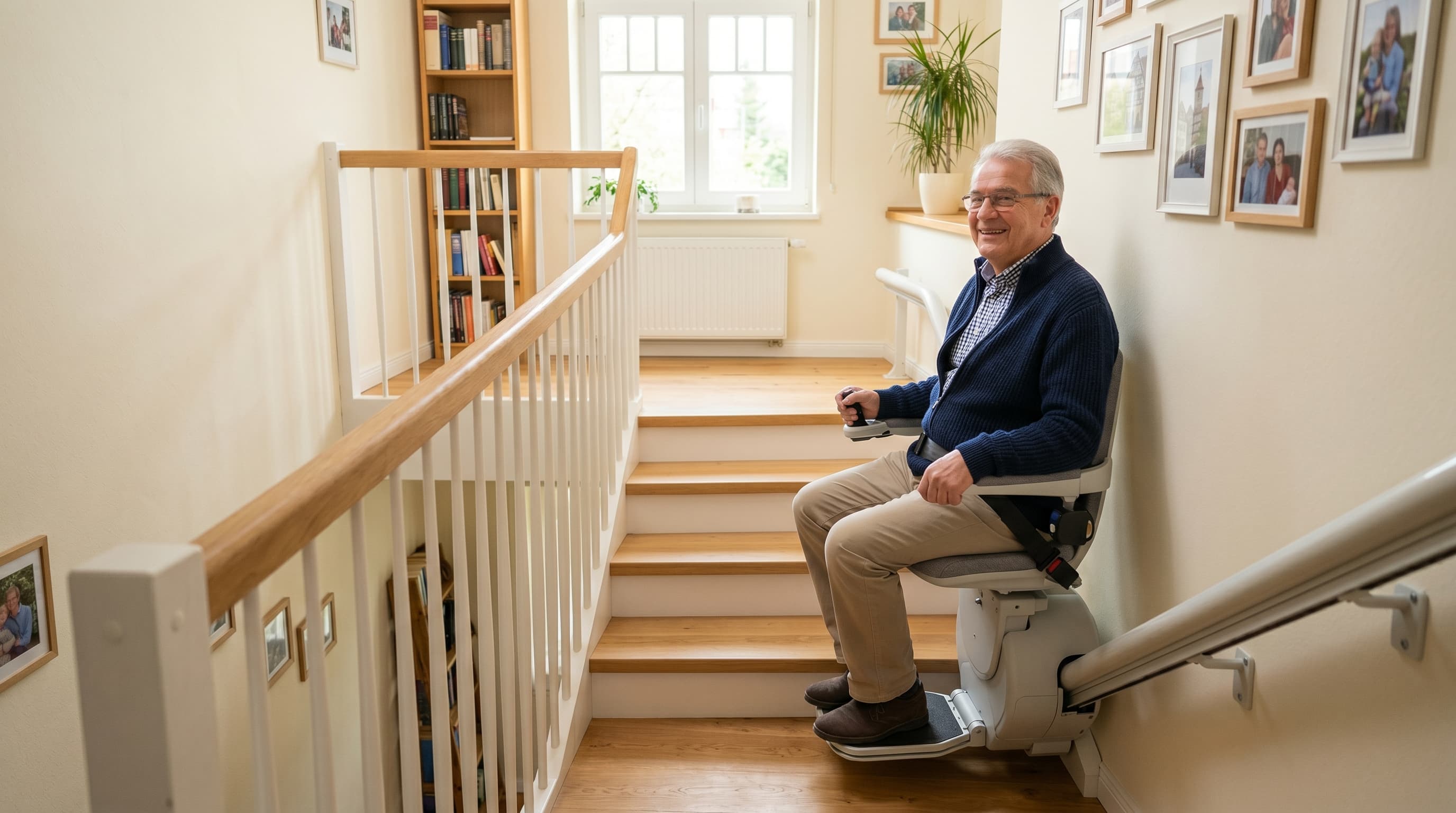 Senior sitzt entspannt auf modernem Treppenlift im hellen deutschen Wohnhaus