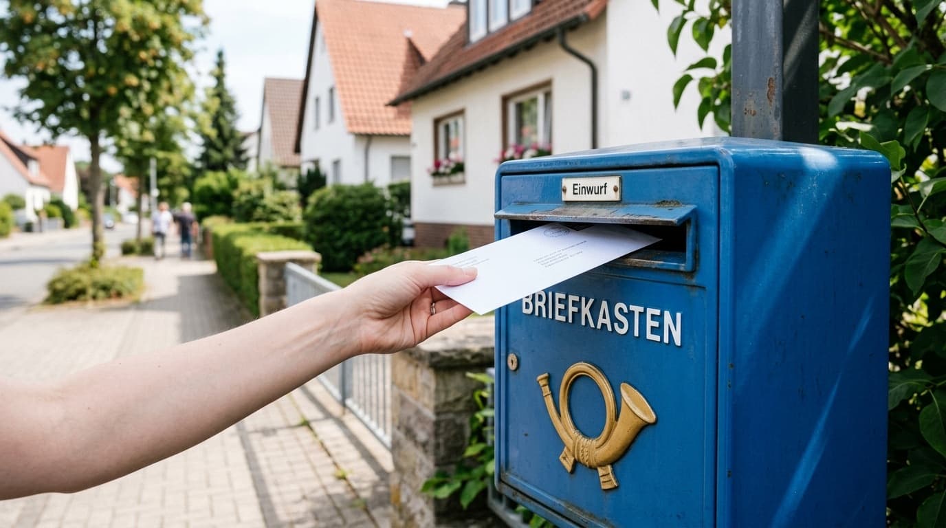 Hand wirft Briefumschlag in deutschen Briefkasten — Verhinderungspflege-Antrag per Post
