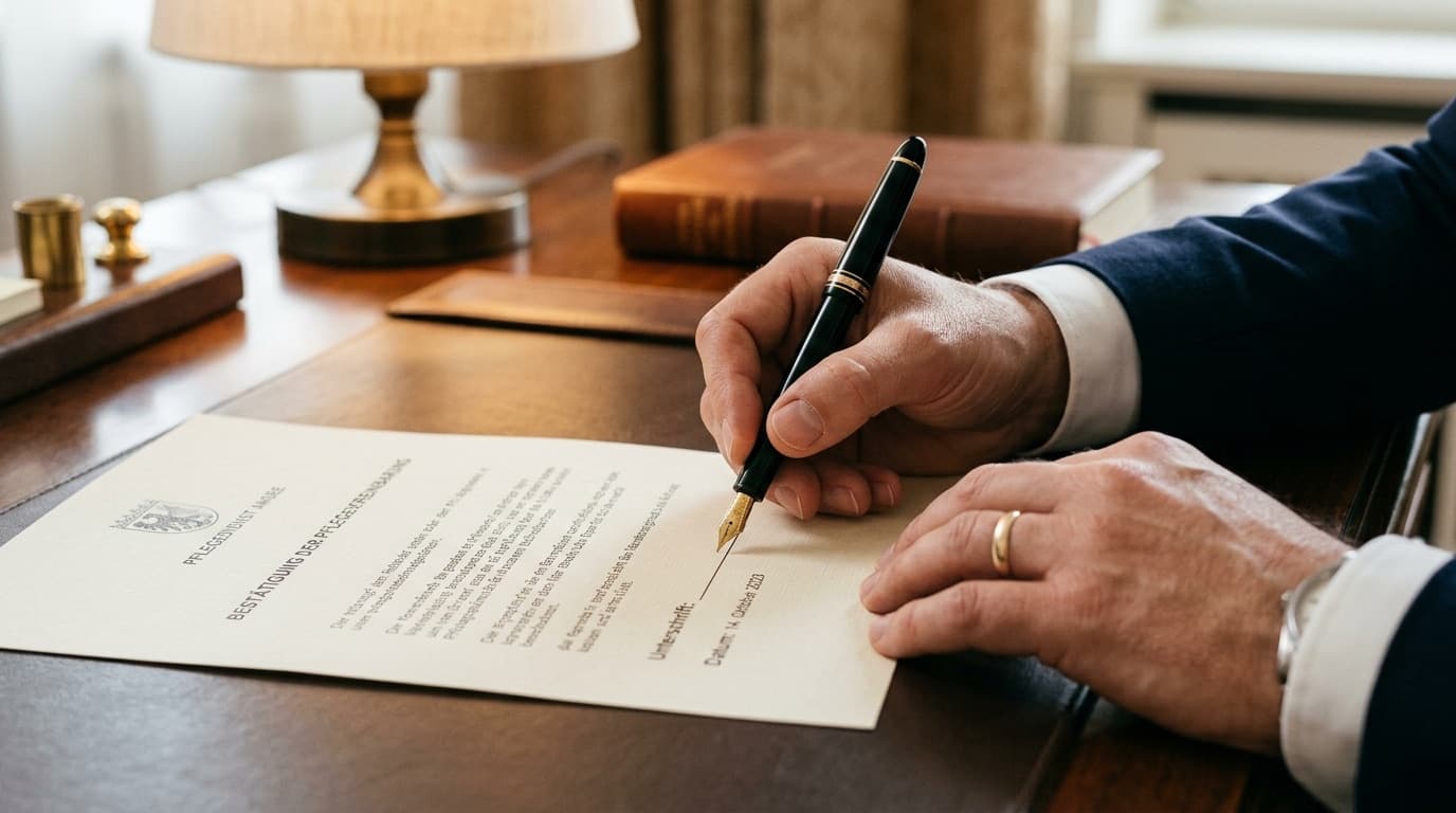 Antrag auf Verhinderungspflege wird mit Füller unterschrieben — offizielles Dokument