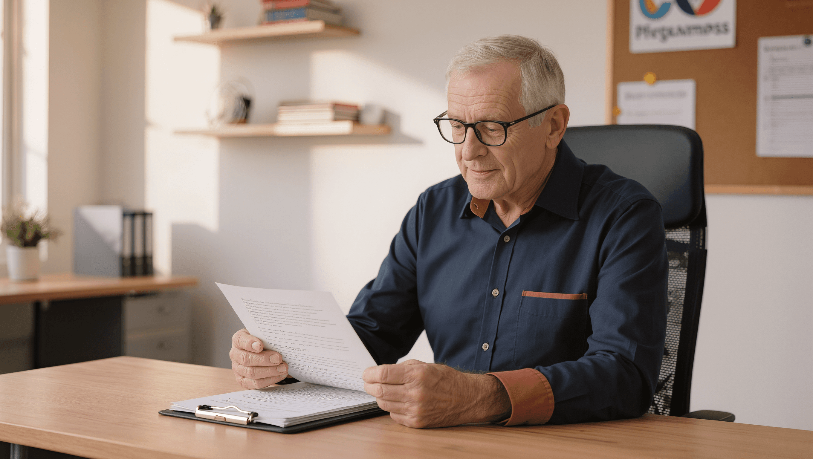 Senior am Schreibtisch mit Vertragspartner-Unterlagen der Barmer Pflegekasse — Anbieter-Auswahl 2026
