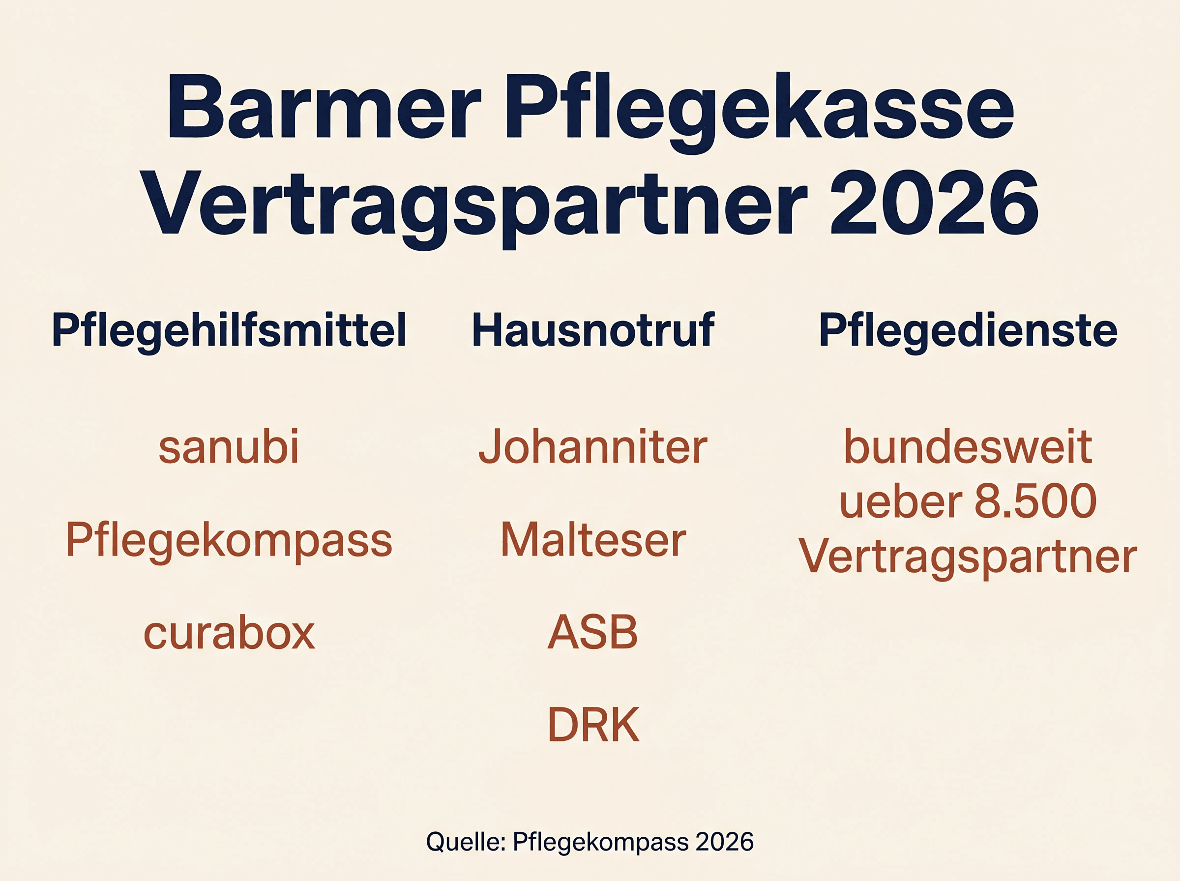 Drei Hauptbereiche der Barmer Pflegekasse-Vertragspartner: Pflegehilfsmittel, Hausnotruf, Pflegedienste 2026