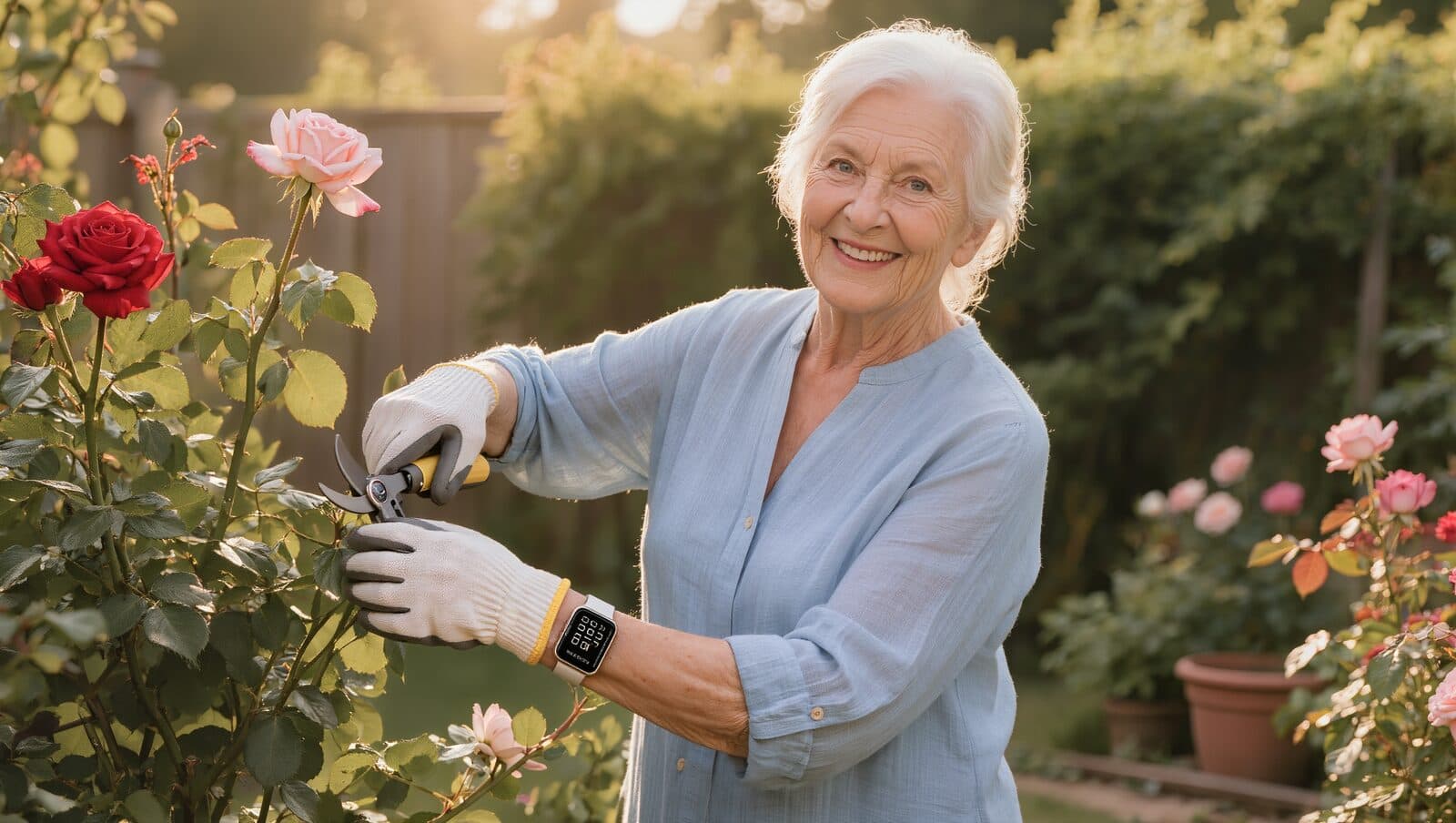 Vitakt Hausnotruf 2026 — ältere Frau im Garten mit modernem GPS-Notrufgerät am Handgelenk