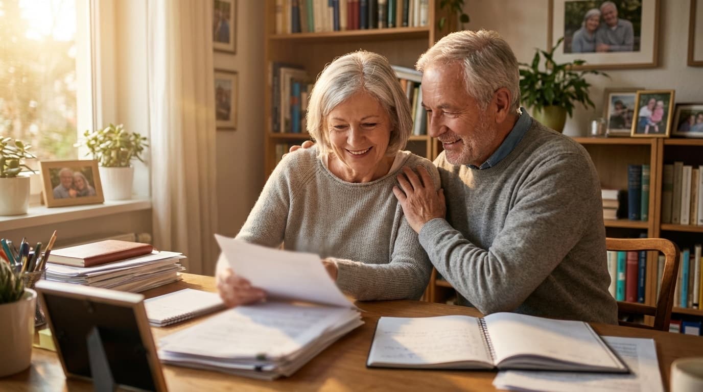 Vorsorgevollmacht 2026 — älteres Paar unterzeichnet gemeinsam ein Dokument am Wohnzimmertisch, warmes Tageslicht