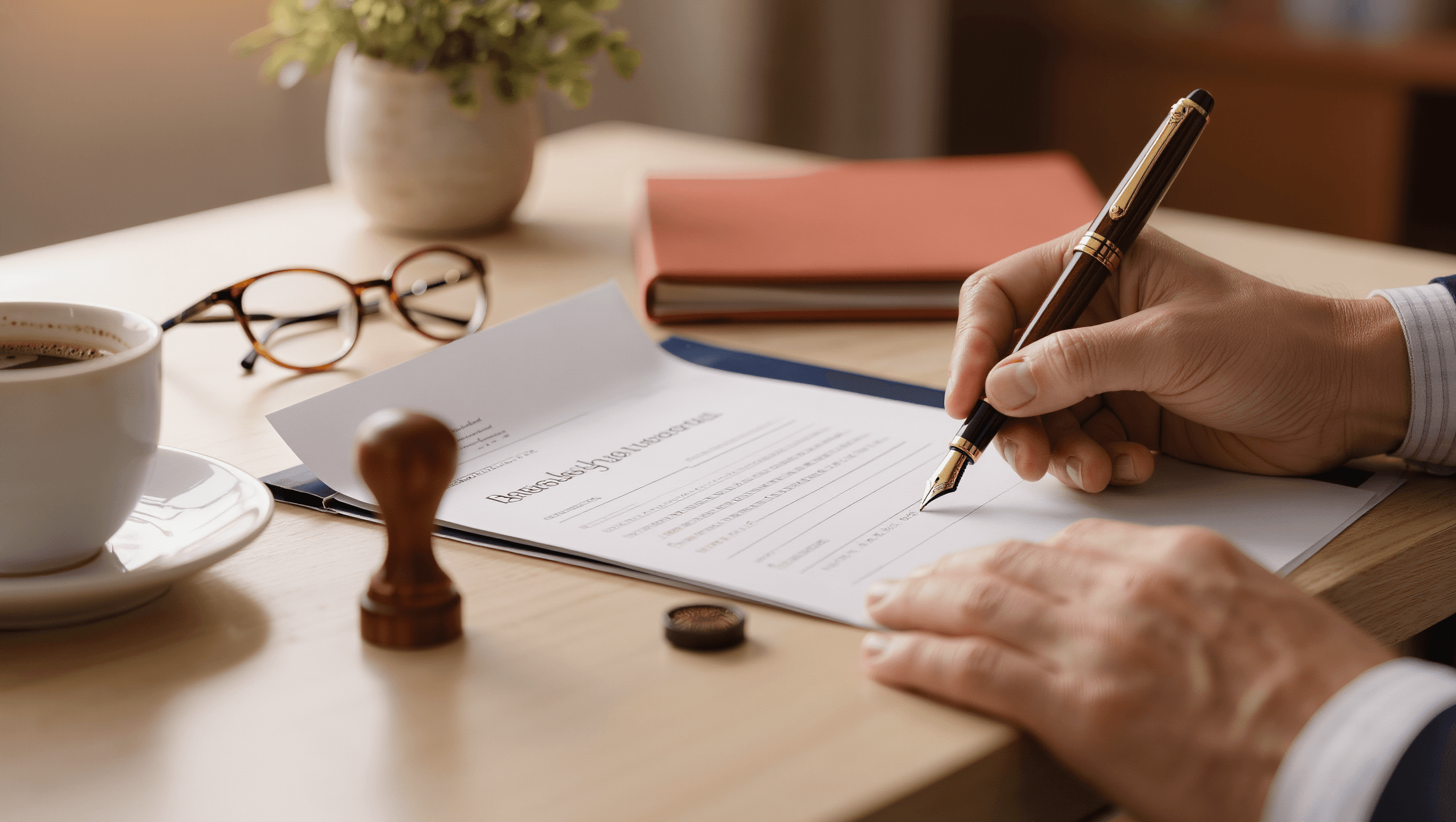 Hand mit Antragsformular und Stempel — Wohnumfeldverbesserung Antrag-Muster 2026