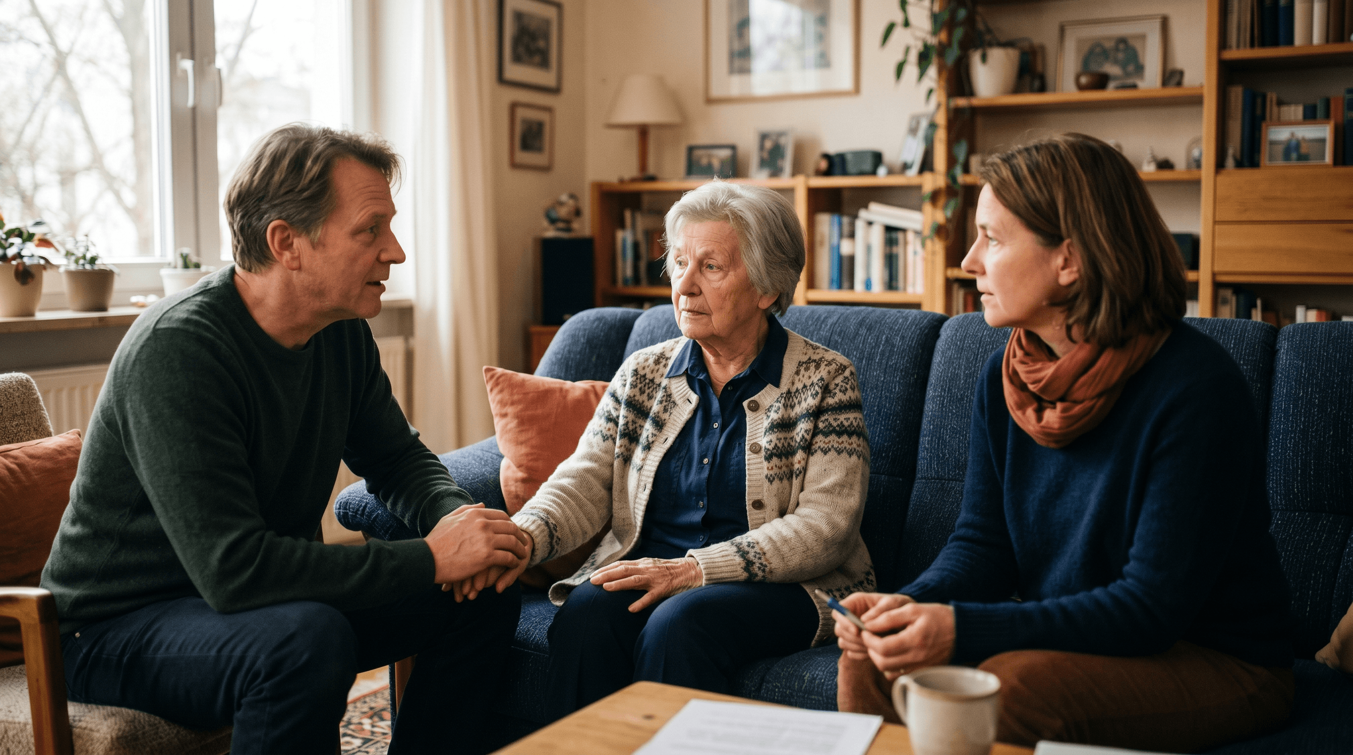 Ältere Frau unterschreibt eine Betreuungsverfügung im Beisein einer Vertrauensperson