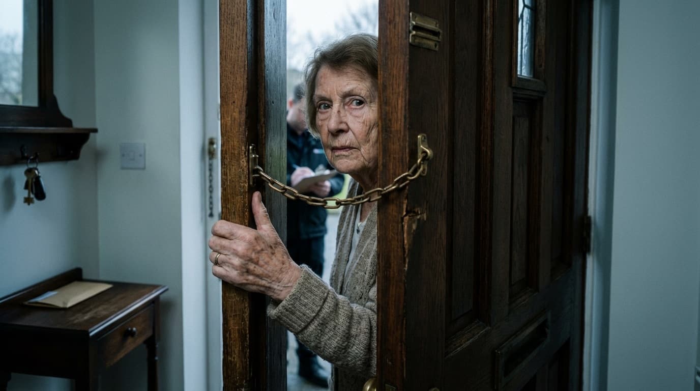 Ältere Frau schaut vorsichtig durch einen Türspalt mit Sicherheitskette, während eine unscharfe Silhouette mit Klemmbrett vor der Tür steht