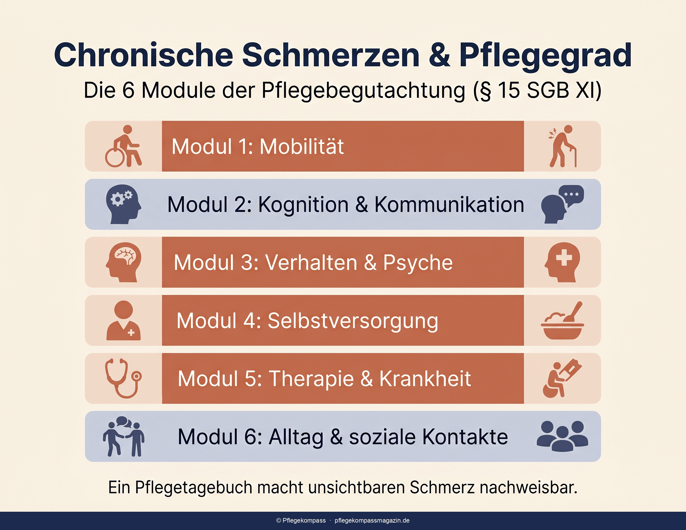 Übersicht: wie chronischer Schmerz die sechs NBA-Module der Pflegebegutachtung beeinflusst