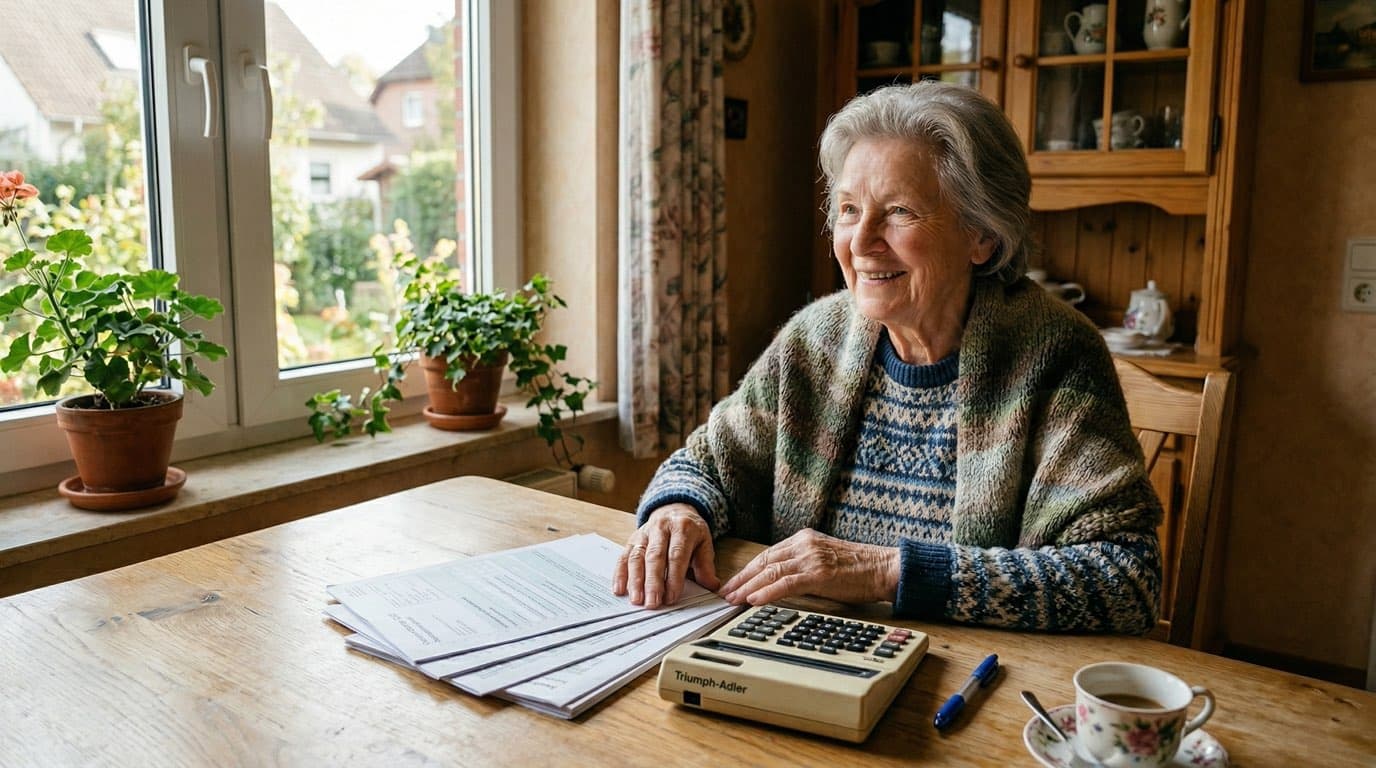 Entlastungsbetrag 2026 — ältere Frau am Küchentisch mit Unterlagen, warmes Tageslicht