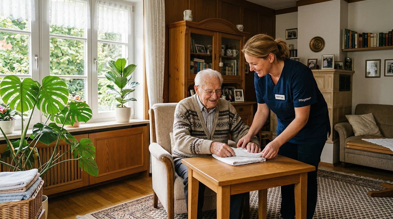 Entlastungsbetrag einsetzen — Pflegekraft hilft älterem Herrn bei Alltagsaufgaben im Wohnzimmer