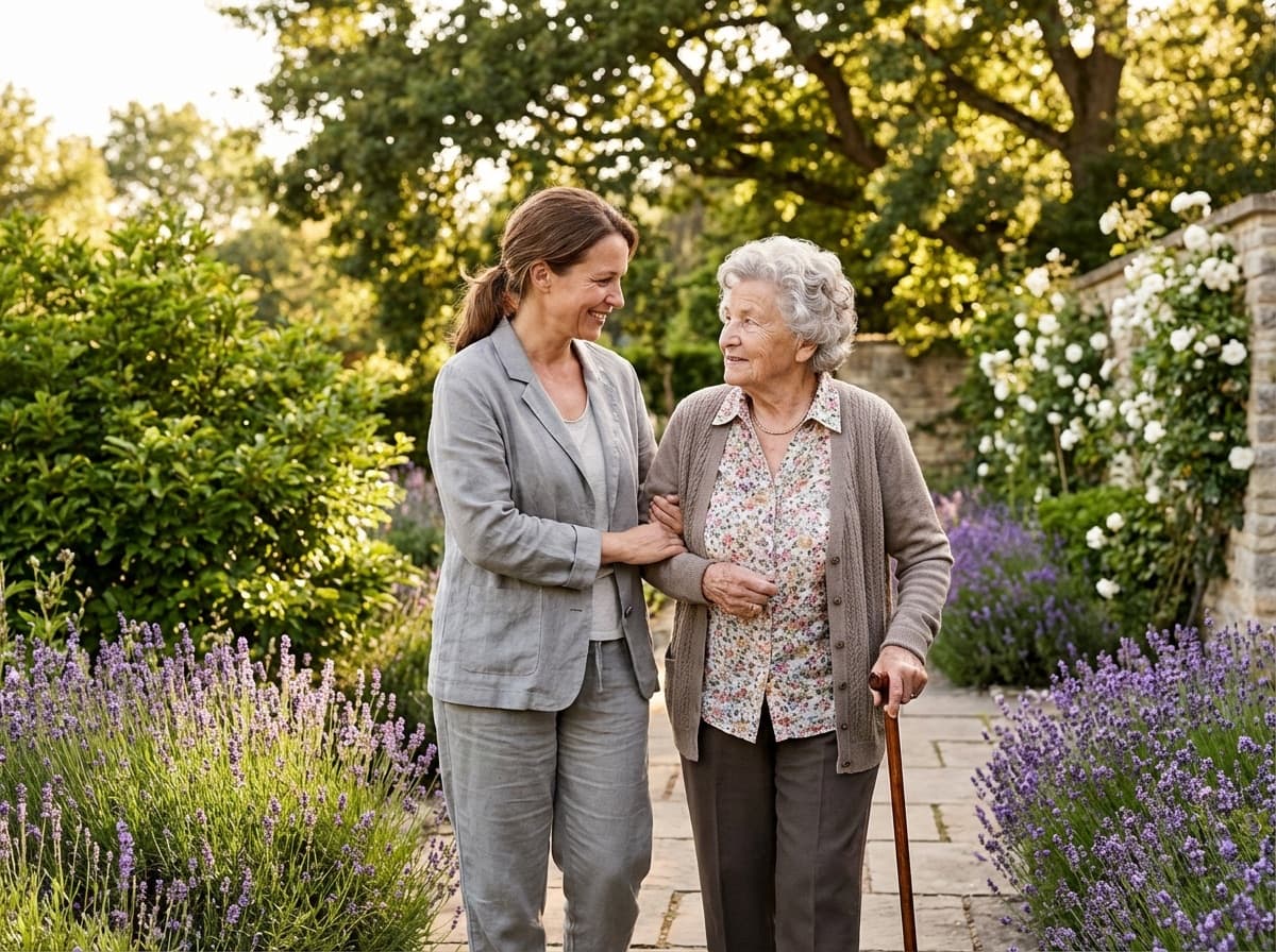 Pflegekraft im Gespräch mit Seniorin im Wohnzimmer