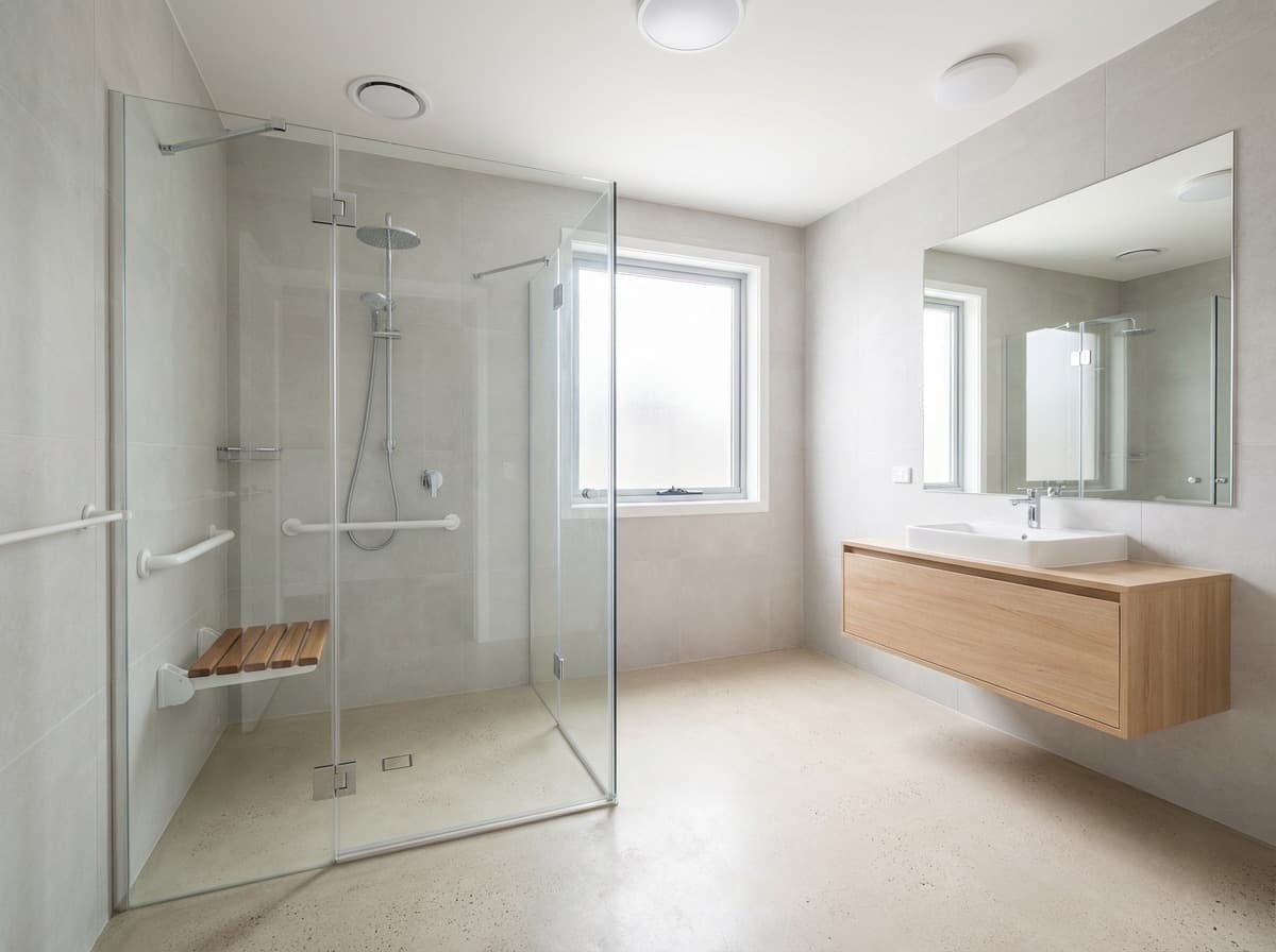 Barrierefreies Badezimmer mit Haltegriffen und ebenerdiger Dusche