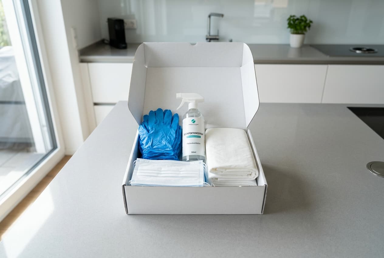 Pflegehilfsmittel-Box mit Handschuhen, Desinfektionsmittel und Bettschutzeinlagen
