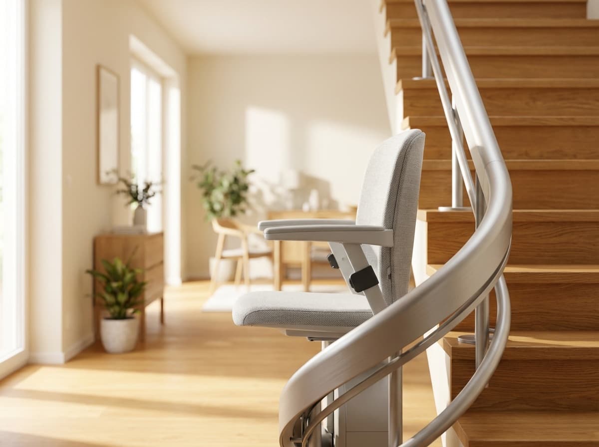 Treppenlift an Holztreppe in deutschem Wohnhaus