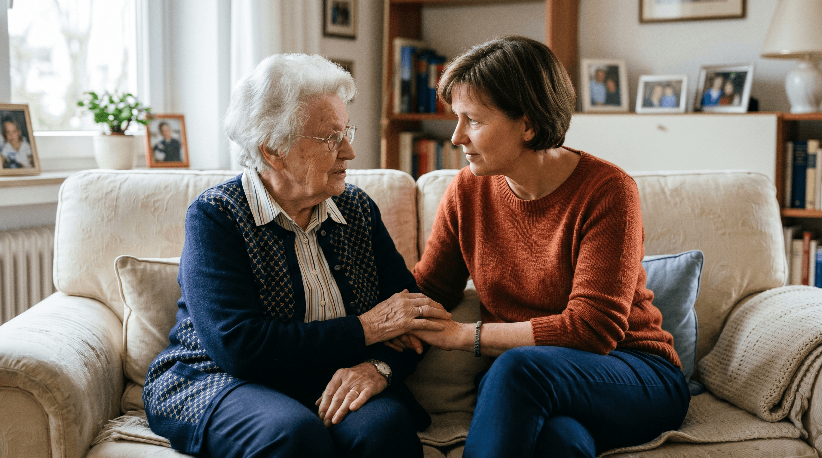 Erwachsener Sohn im einfühlsamen Gespräch mit seiner älteren Mutter auf dem Sofa