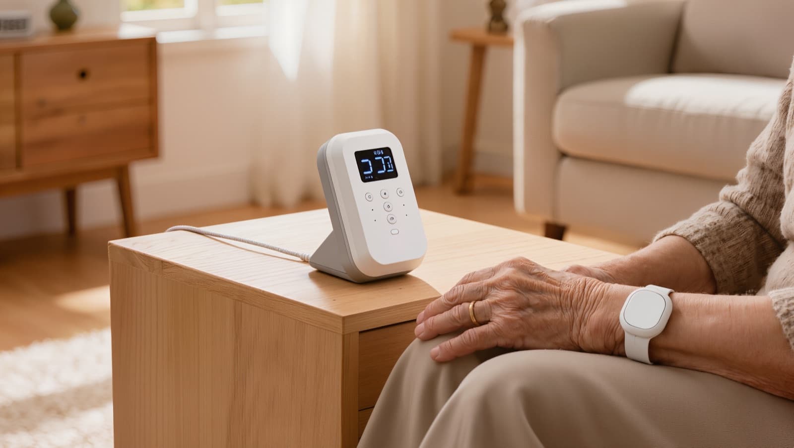 Seniorin mit Hausnotruf-Sender am Handgelenk sitzt im Wohnzimmer, Antragsunterlagen der Barmer liegen auf dem Tisch