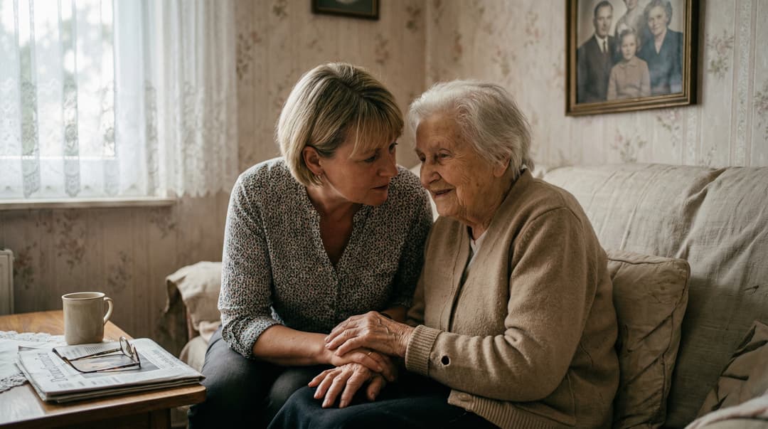 Pflegende Angehörige hält die Hand ihrer Mutter — Pflegekompass begleitet Sie im Pflegealltag