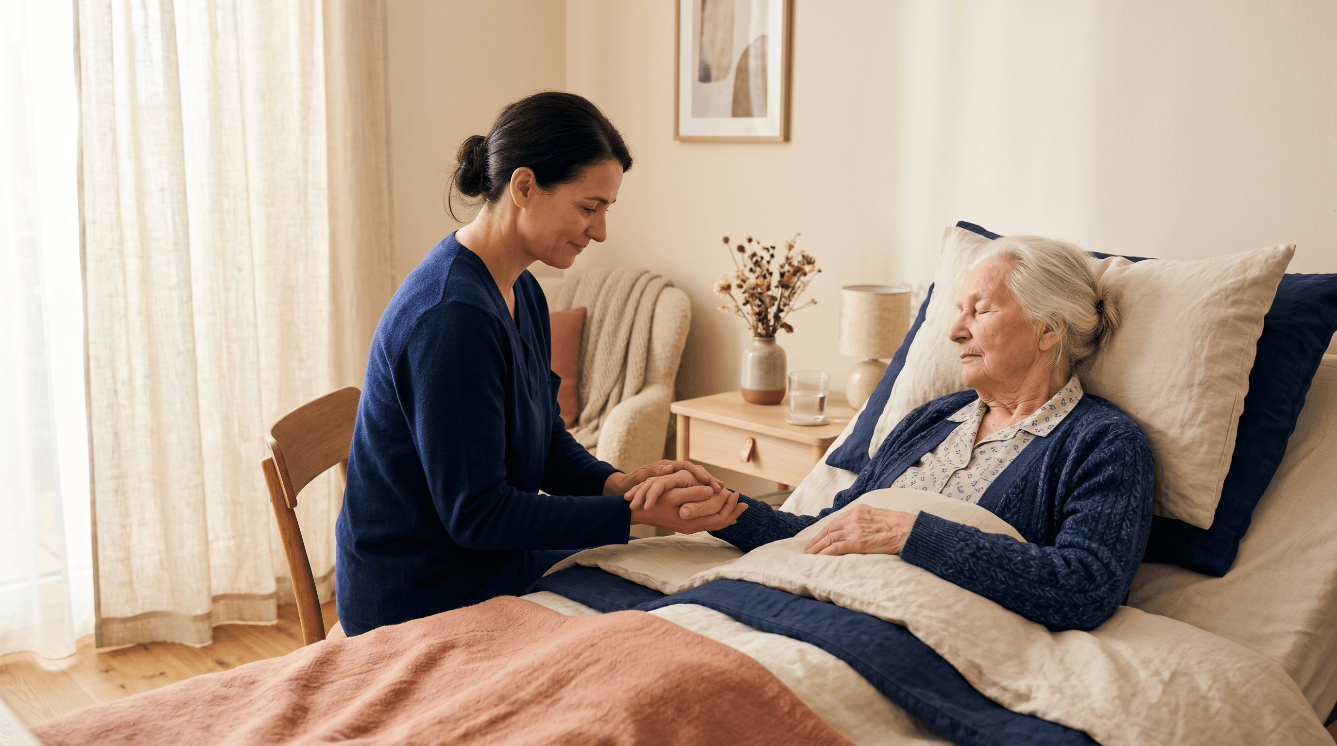 Ruhiges, lichtdurchflutetes Hospizzimmer mit Bett und Blick ins Grüne — Hospiz und Sterbebegleitung