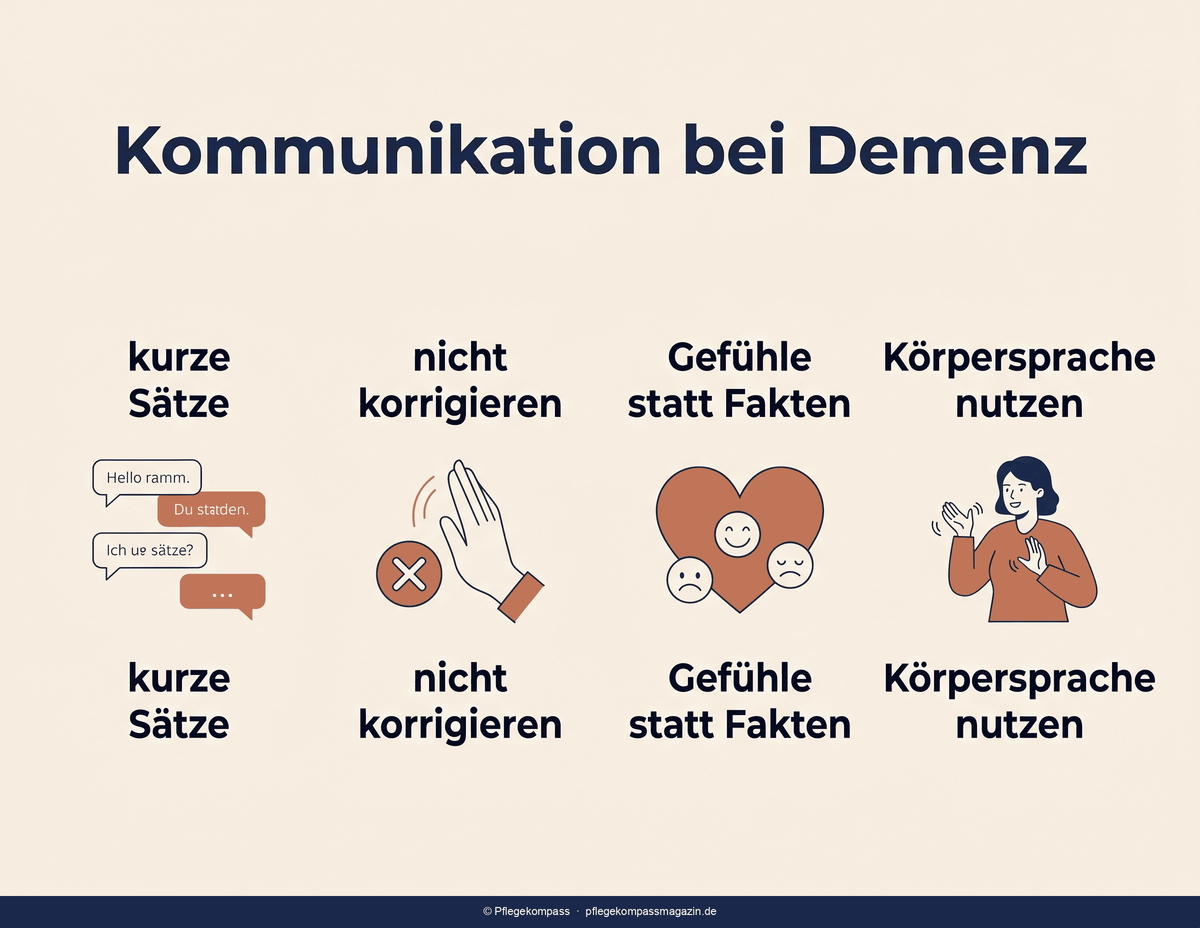 Infografik: sieben Regeln für die Kommunikation mit Demenzkranken — kurze Sätze, nicht korrigieren, Gefühle ansprechen, Körpersprache nutzen