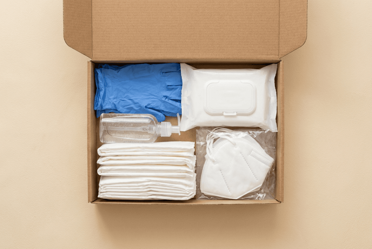 Geöffnete Pflegebox mit Handschuhen, Desinfektionsmitteln, FFP2-Masken und Bettschutzeinlagen