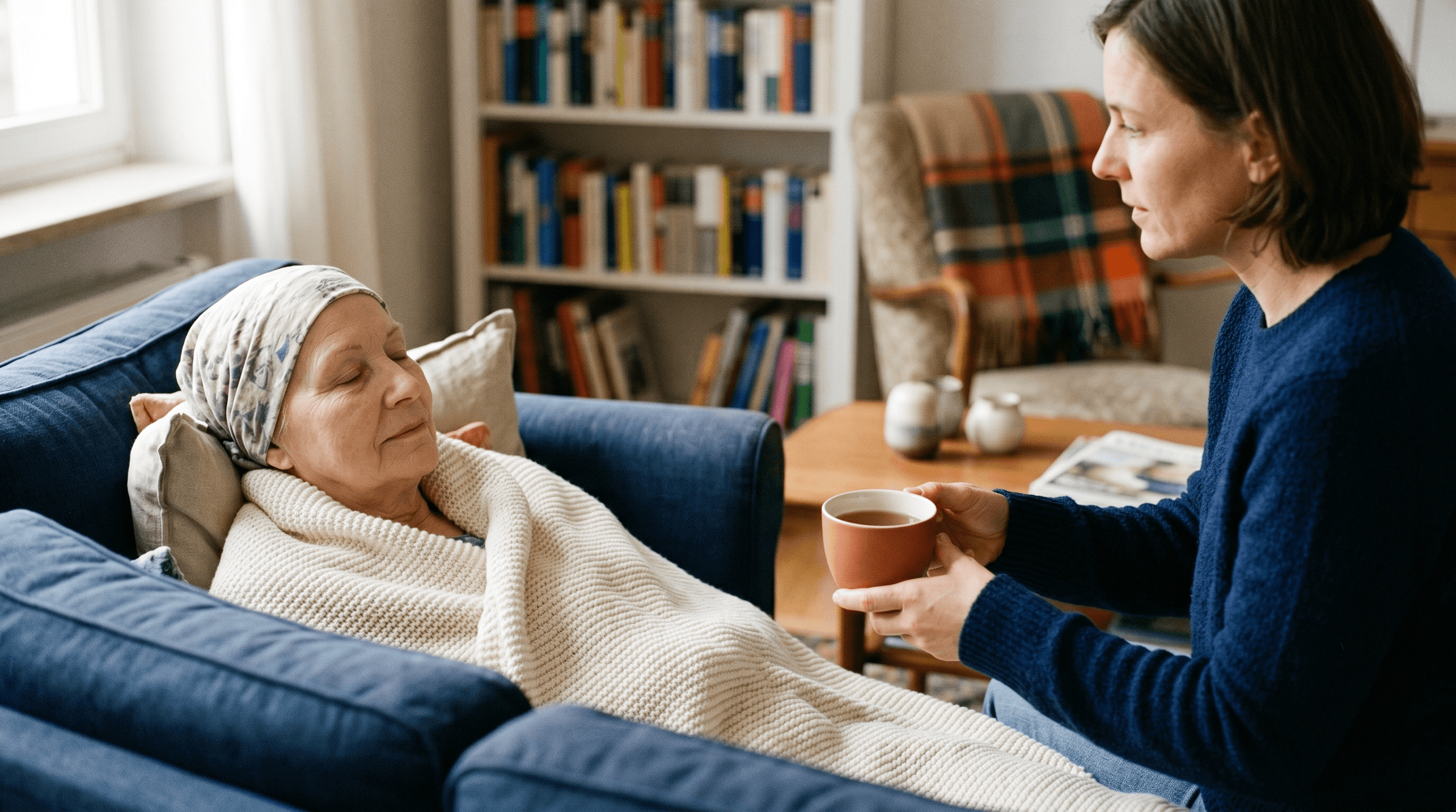 Erschöpfter Krebspatient ruht zu Hause auf dem Sofa, eine Angehörige reicht ihm fürsorglich eine Tasse Tee