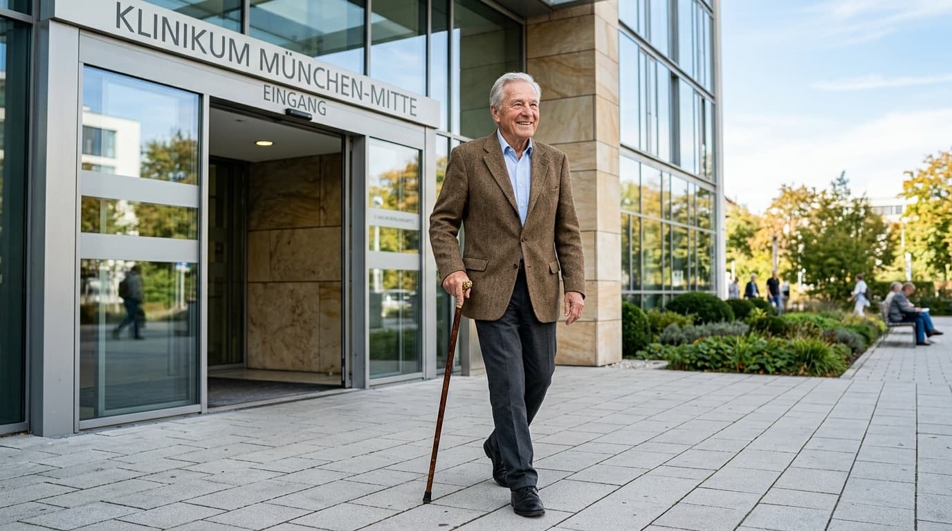 Älterer Mann mit Gehstock verlässt das Krankenhaus — Kurzzeitpflege nach Krankenhausaufenthalt