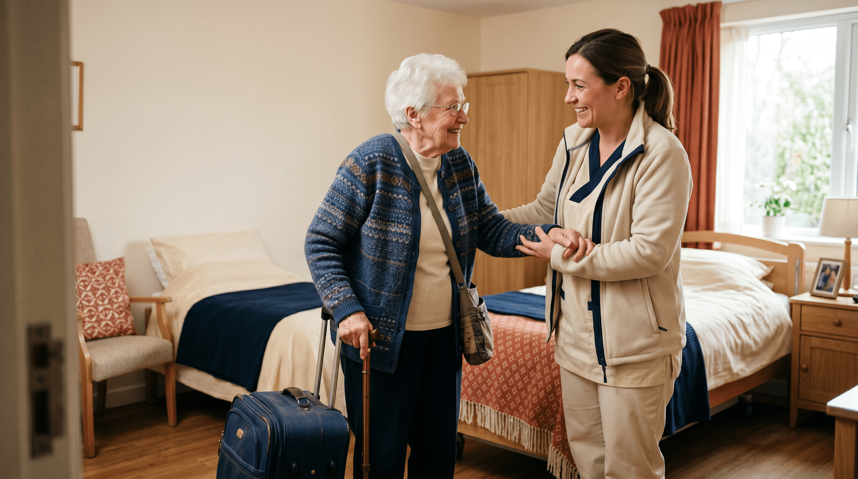 Senior im Aufenthaltsraum einer Kurzzeitpflege-Einrichtung mit Betreuerin