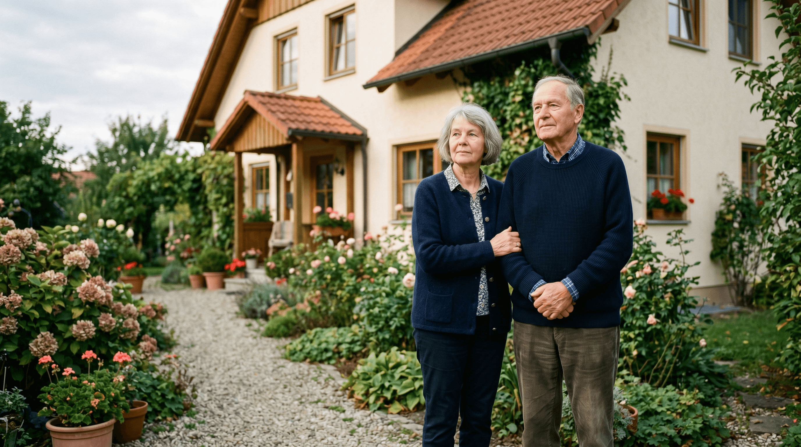 Einfamilienhaus mit Münzstapeln und Schlüssel — Immobilienverrentung im Alter