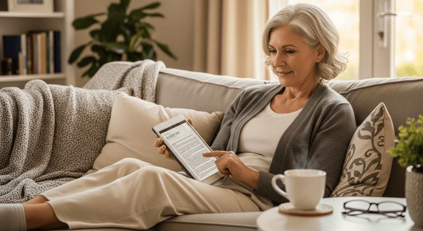 Frau liest Pflegekompass Ratgeber auf dem Tablet