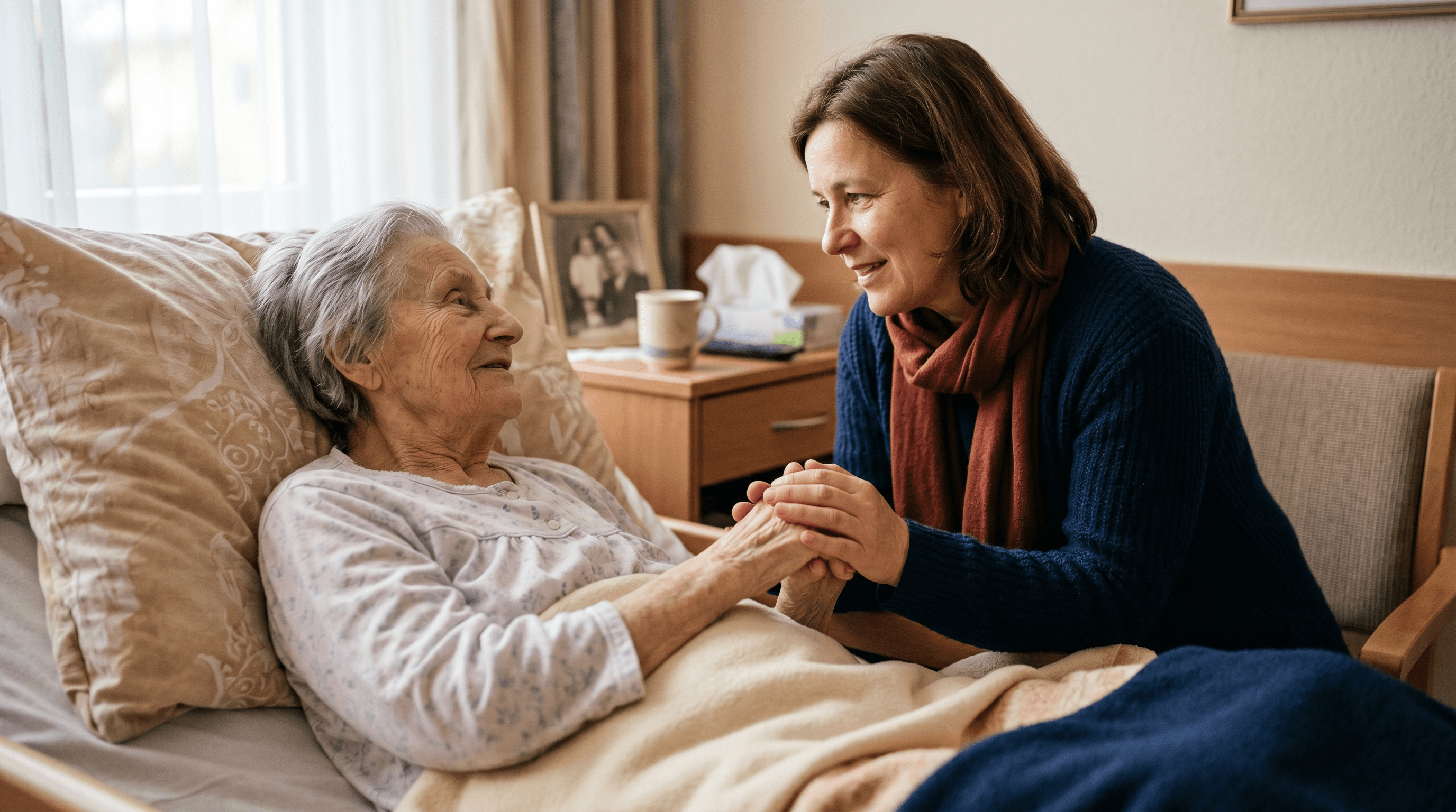 Zwei Hände, die sich am Krankenbett halten, warmes Licht — mit Sterbenden sprechen