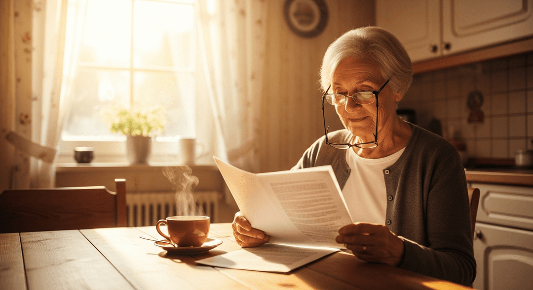 Seniorin liest den Pflegekompass Newsletter am Küchentisch