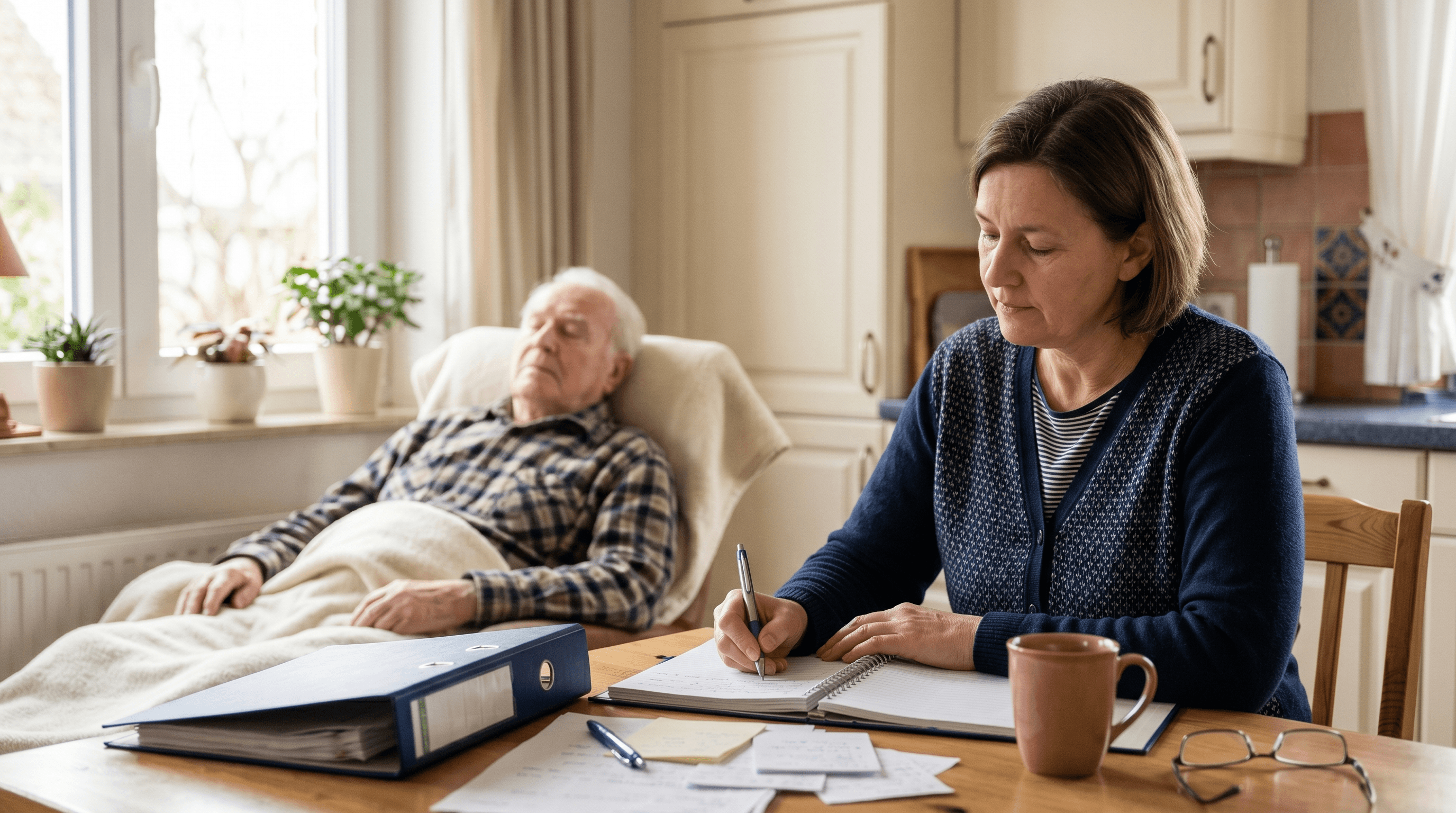 Notfallplan-Dokument neben Telefon und Medikamentenbox — Vorsorge für pflegende Angehörige
