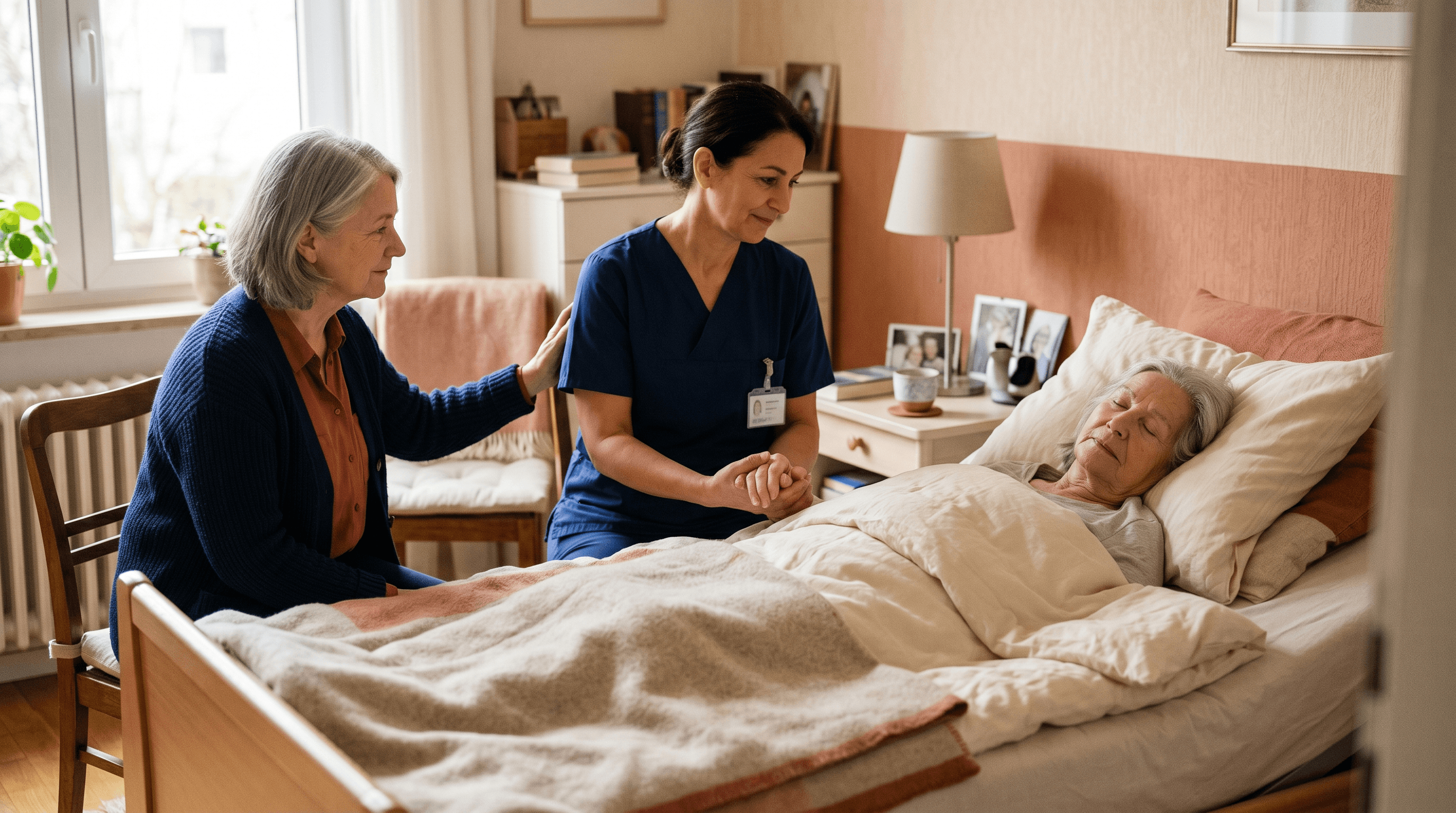 Helles, ruhiges Schlafzimmer mit Pflegebett und Fenster — Palliativpflege in vertrauter Umgebung zu Hause