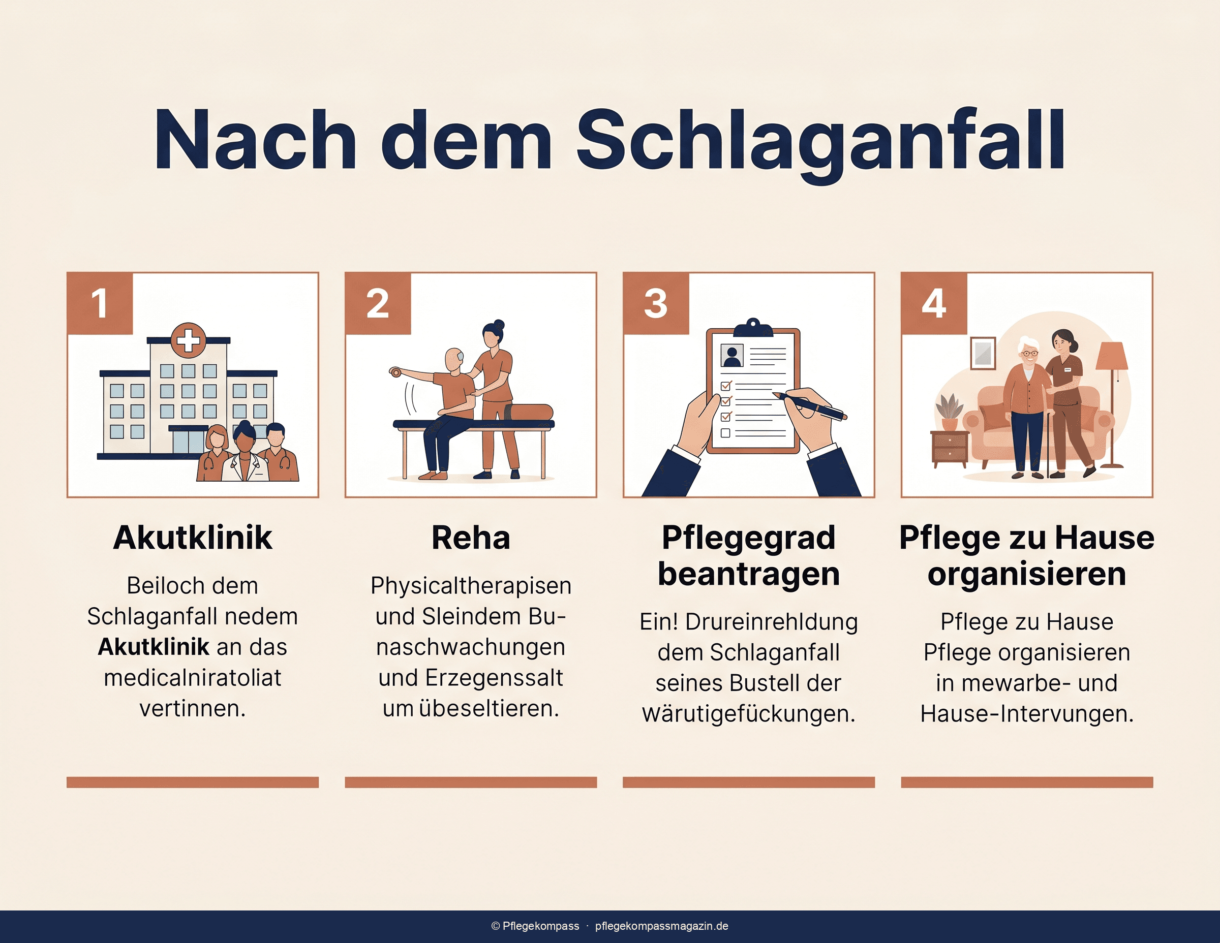 Weg vom Schlaganfall in die Pflege — Akutphase, Reha, Pflegegrad und häusliche Versorgung als Zeitstrahl