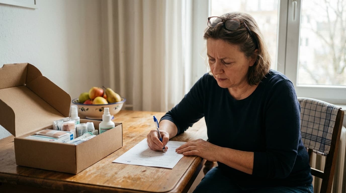 Pflegebox beantragen 2026 — Frau füllt am Küchentisch ein Antragsformular aus, daneben ein Karton mit Pflegehilfsmitteln