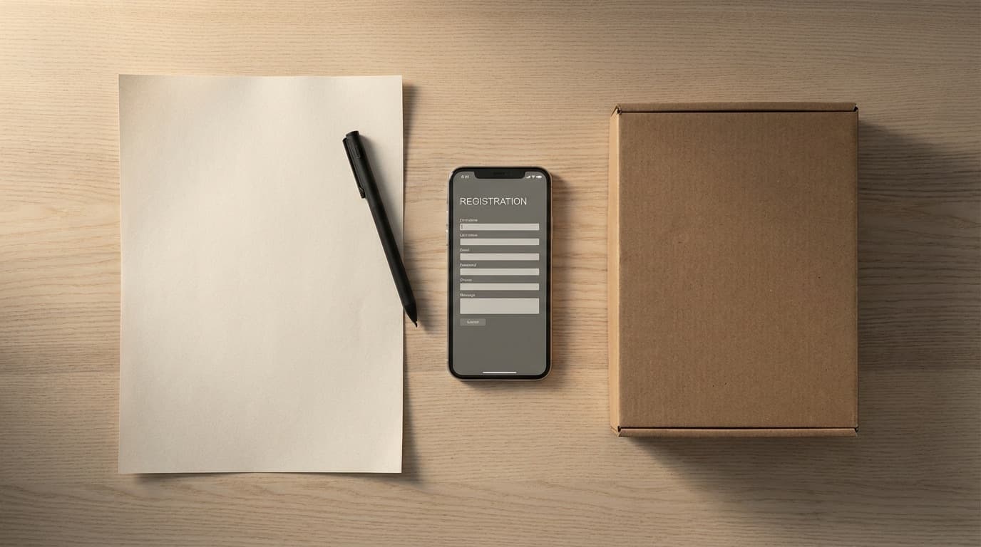 Pflegebox beantragen — Antragsformular, Smartphone mit Online-Formular und verpackte Pflegebox auf Holztisch