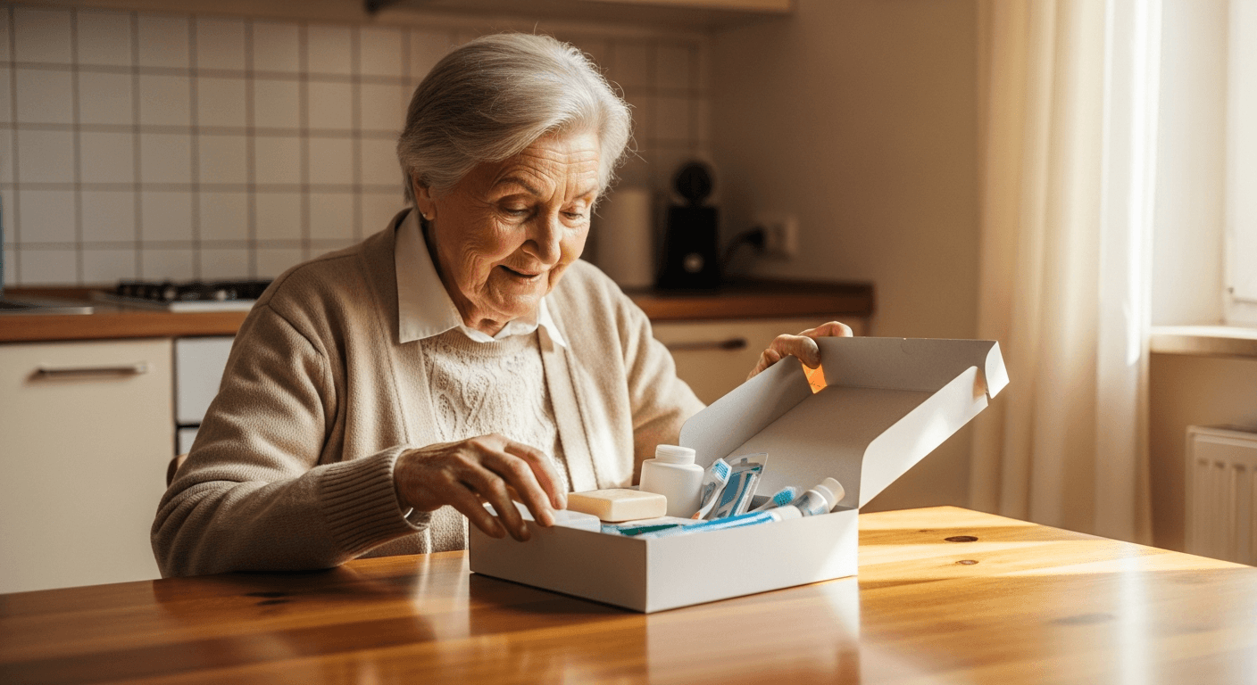 Seniorin öffnet ihre monatliche Pflegebox mit Pflegehilfsmitteln