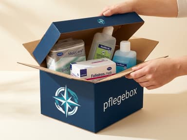 Pflegebox mit Einmalhandschuhen, Desinfektionsmittel und Masken