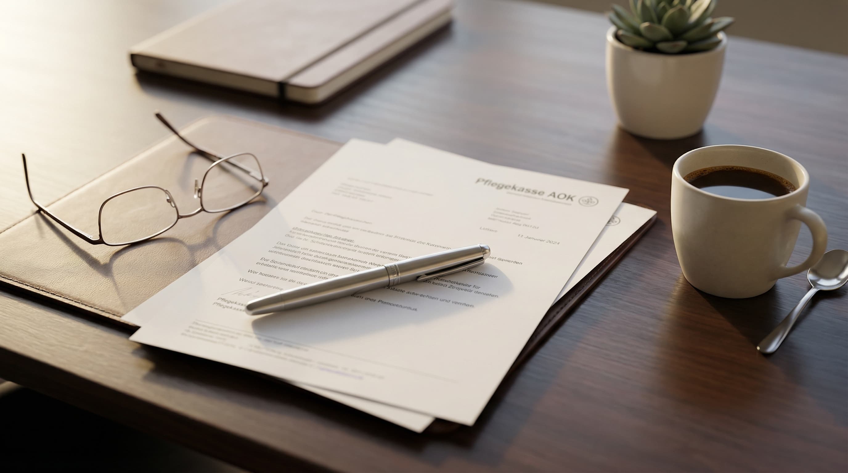 Dokumente und Bescheid auf Schreibtisch mit Stift – Pflegegeld Kürzung verstehen