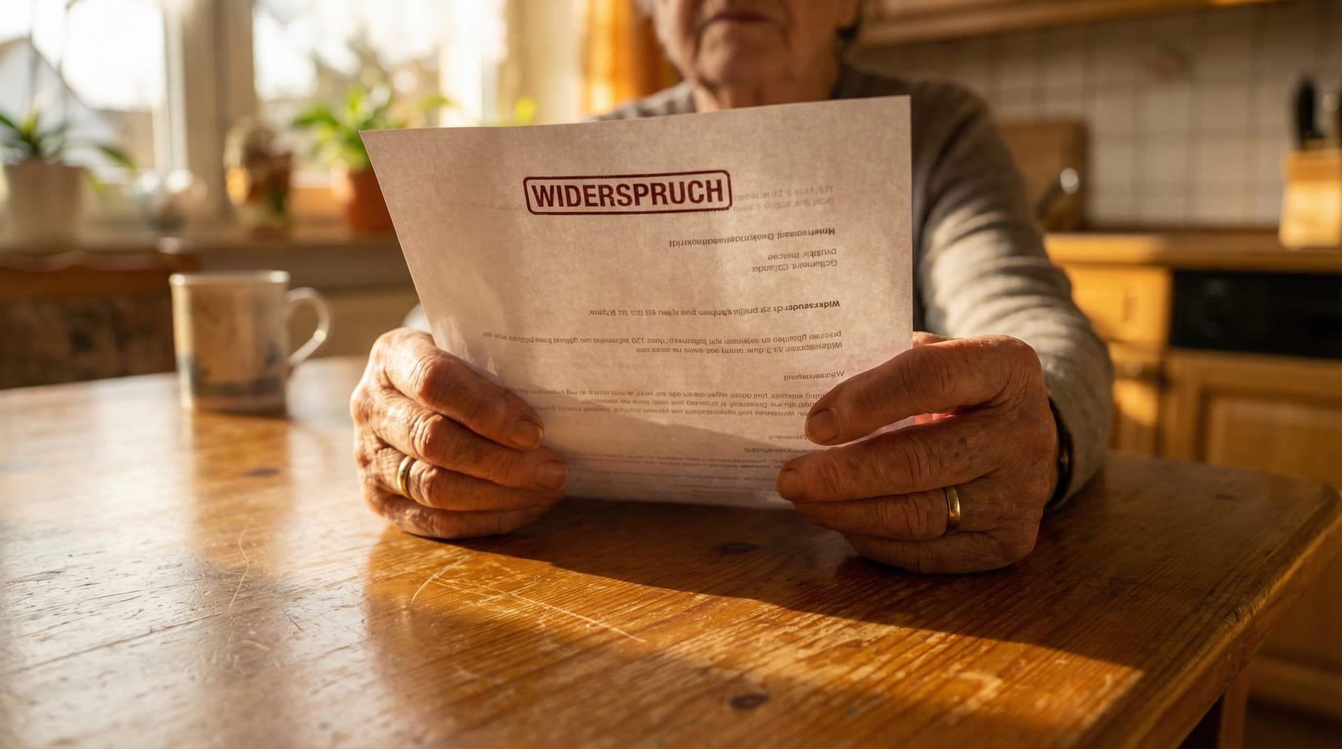 Hände halten einen Widerspruch-Brief gegen Pflegegeld-Kürzung
