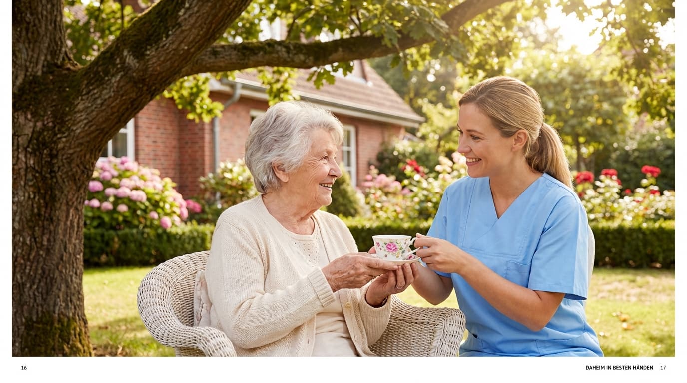 Ältere Person im sonnigen Garten mit professioneller Pflegekraft – Verhinderungspflege im Alltag