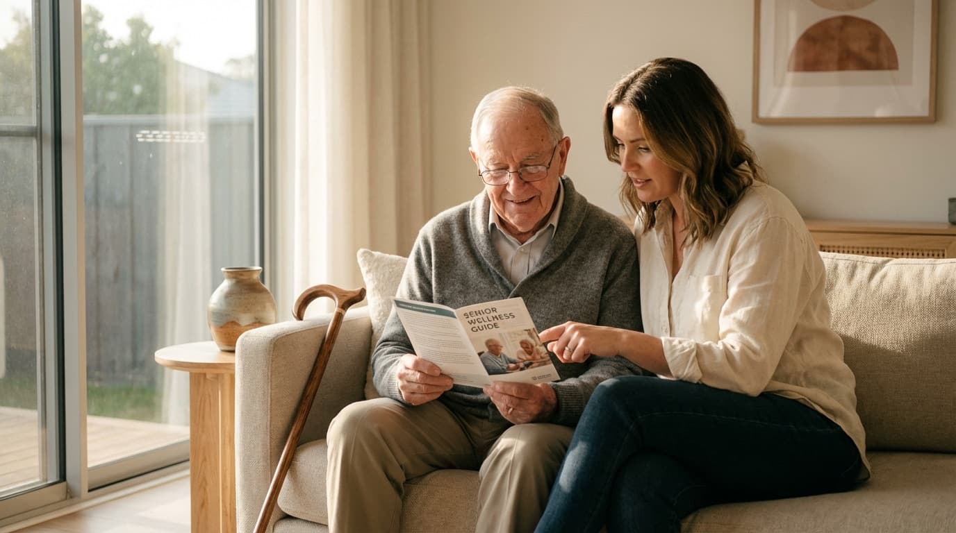 Älterer Mann und seine Tochter schauen gemeinsam eine Informationsbroschüre über Pflegeleistungen an