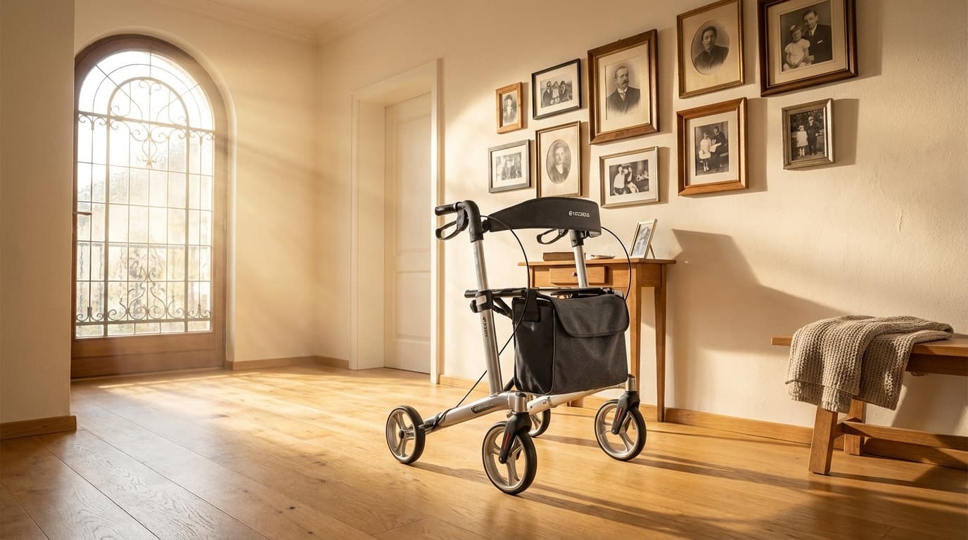 Seniorin mit Rollator im Hausflur