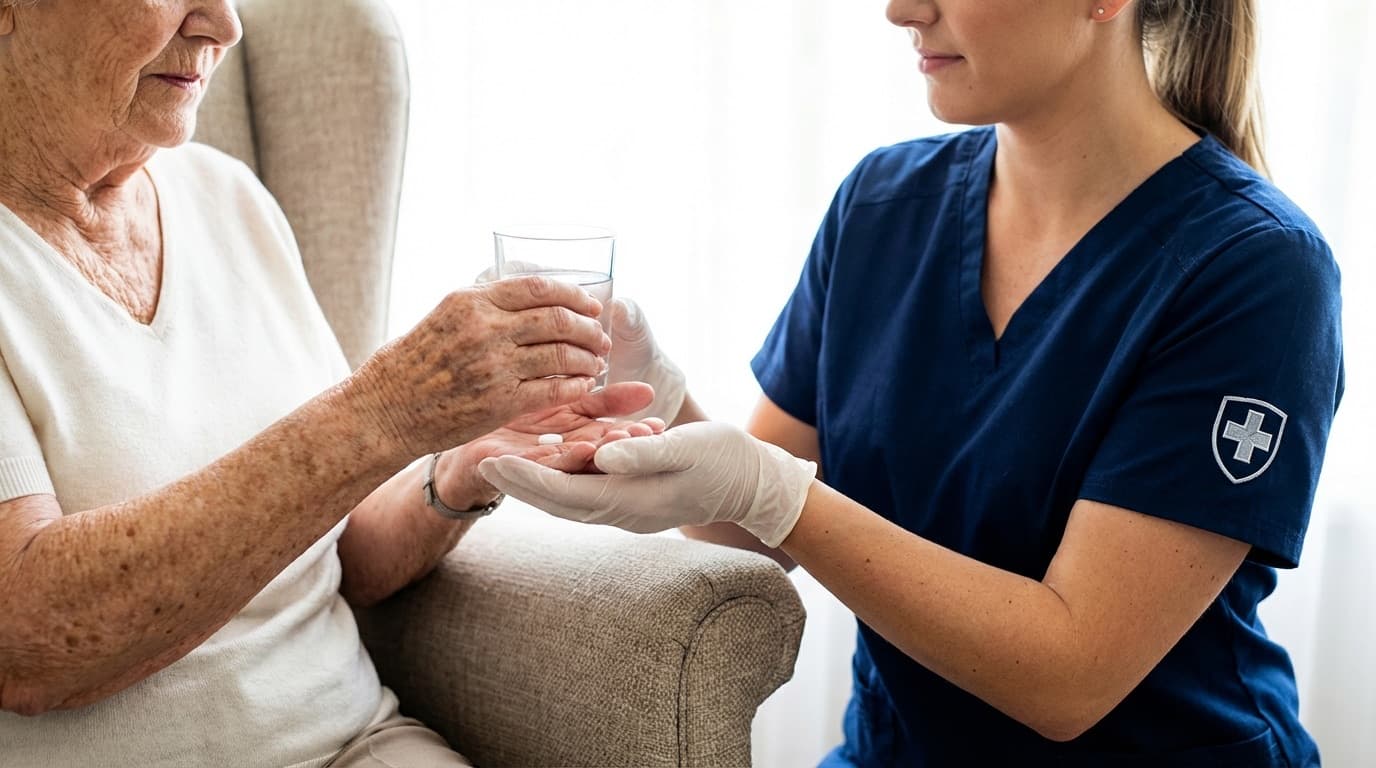 Pflegekraft reicht einer Seniorin Medikamente und ein Glas Wasser — Medikamentengabe bei Pflegegrad 4