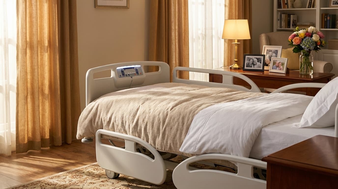 Pflegebett in einem freundlich eingerichteten Zimmer — häusliche Pflege bei Pflegegrad 4