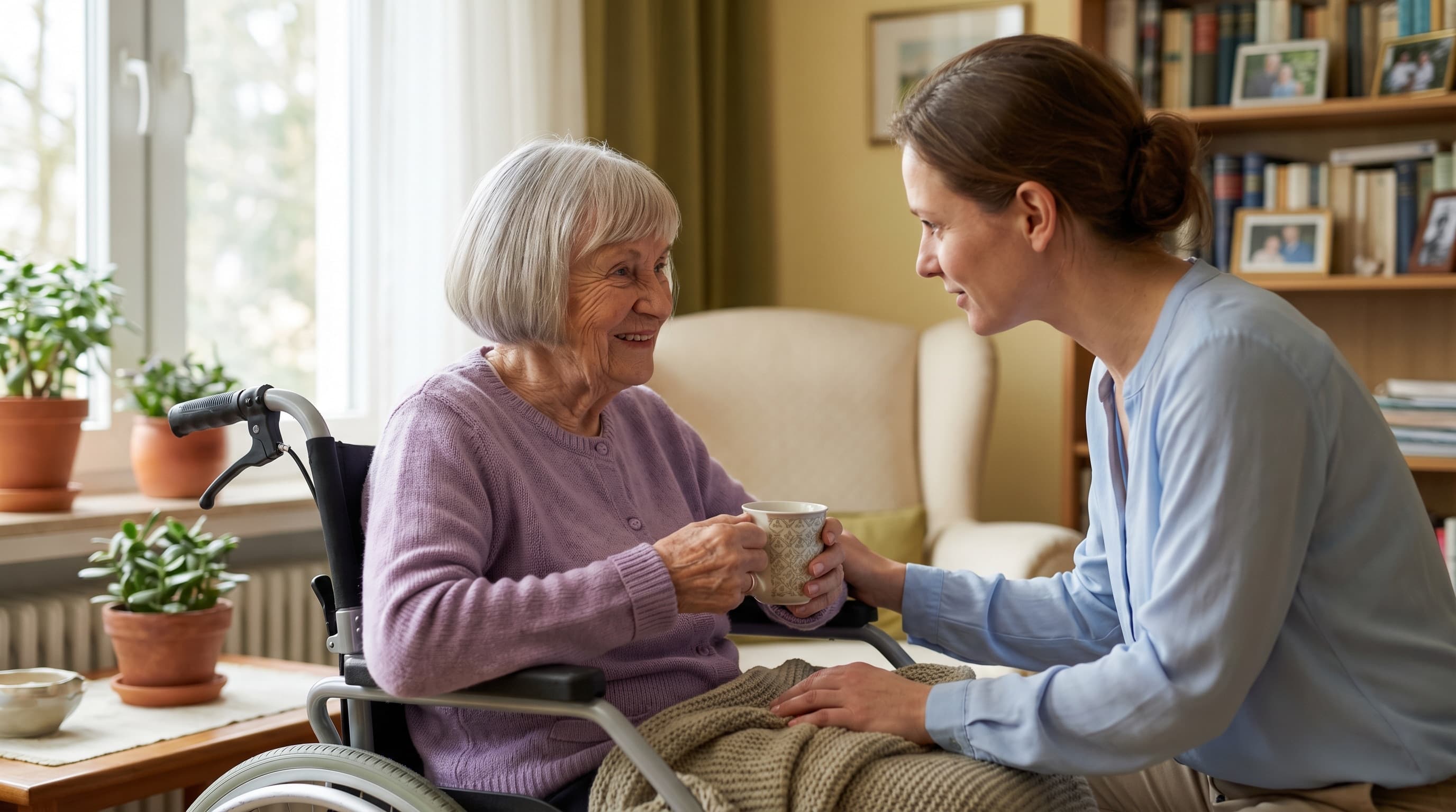 Pflegegrad 4 Voraussetzungen — Pflegerin hilft älterer Frau im Rollstuhl bei der täglichen Versorgung