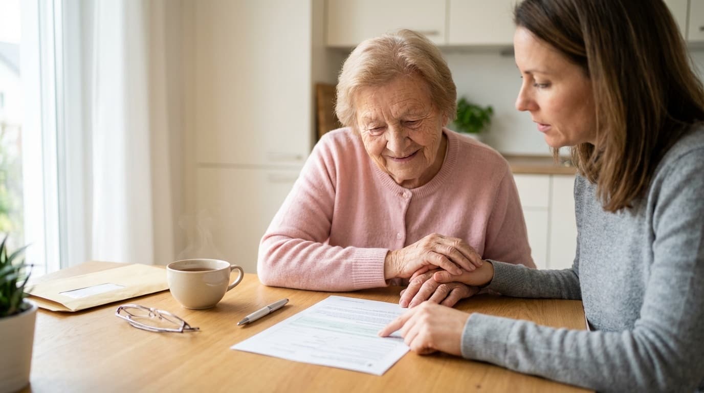 Pflegegrad beantragen 2026 — ältere Frau und Tochter füllen gemeinsam den Antrag am Küchentisch aus