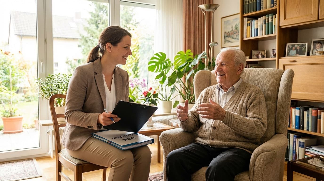 MD-Gutachter bei Hausbesuch — freundliches Gespräch mit einem Senior im Wohnzimmer