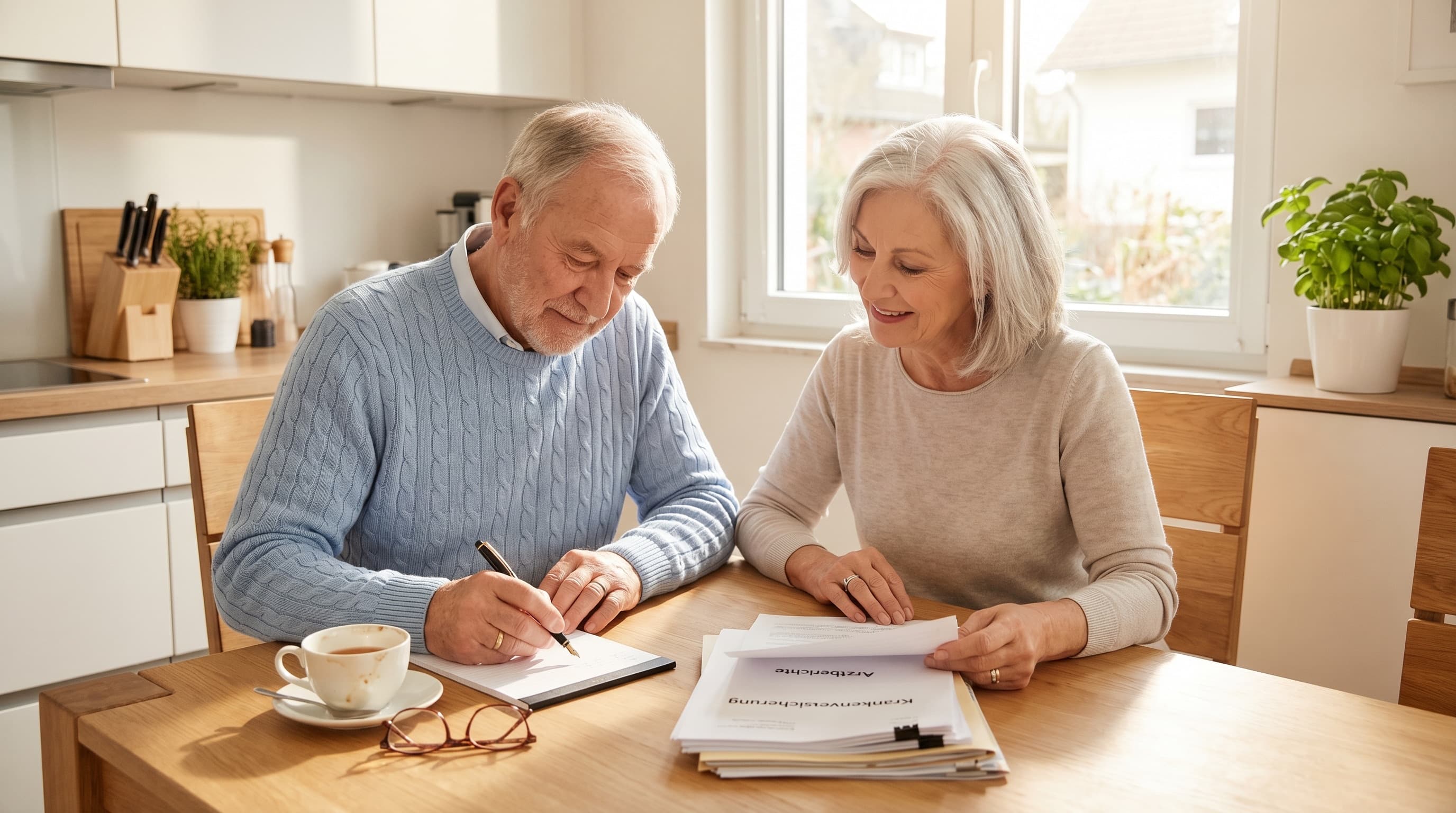 Pflegegrad erhöhen — Älteres Ehepaar prüft Pflegeunterlagen für Höherstufungsantrag
