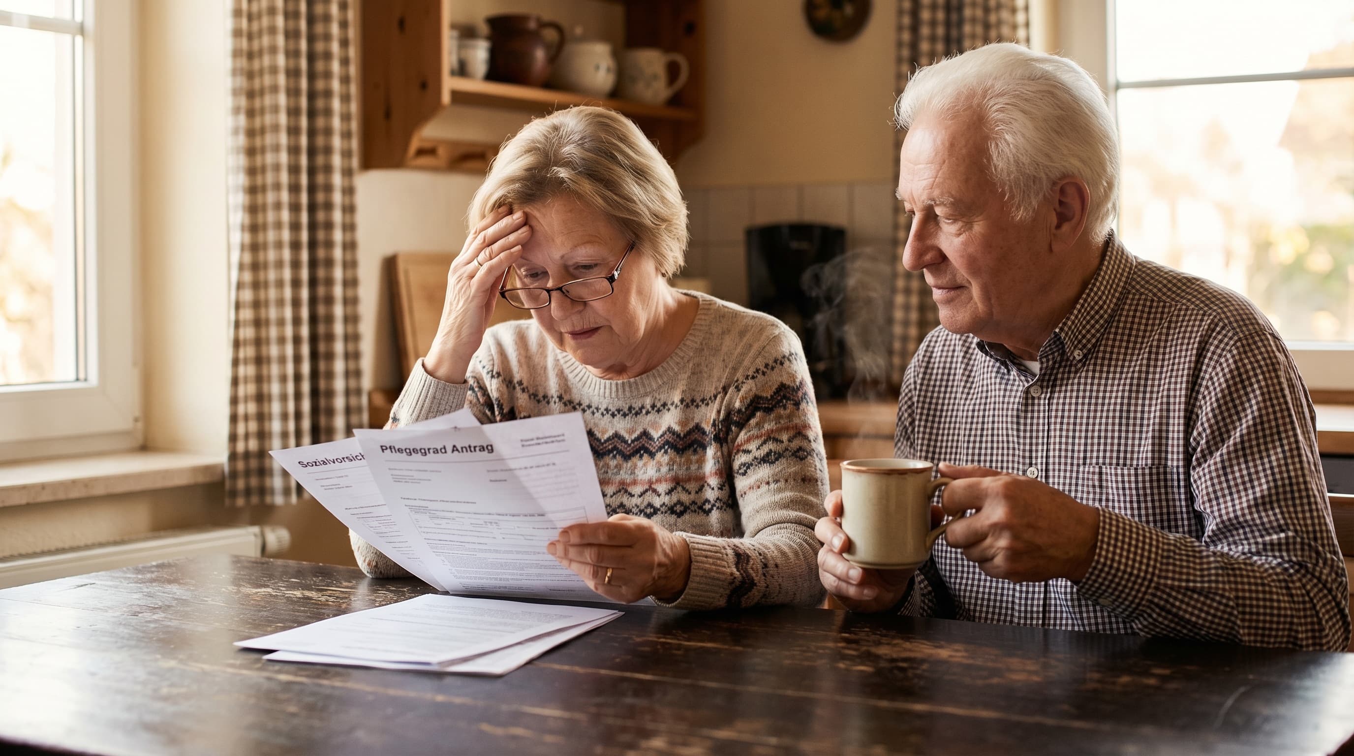 Pflegegrad Tabelle 2026 — älteres Paar prüft Unterlagen zur Pflegegrad-Einstufung am Küchentisch