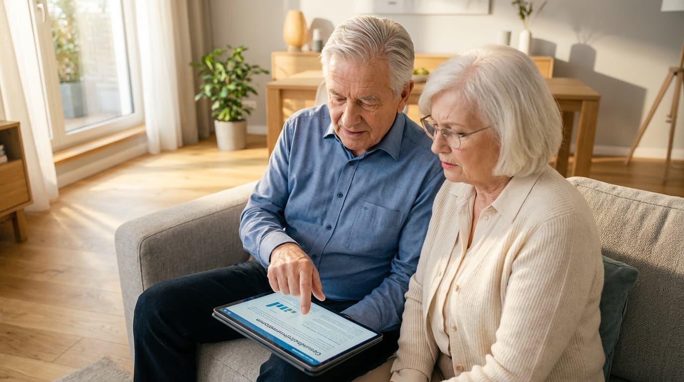 Älteres Ehepaar informiert sich gemeinsam auf dem Tablet über Pflegegrade und Leistungen